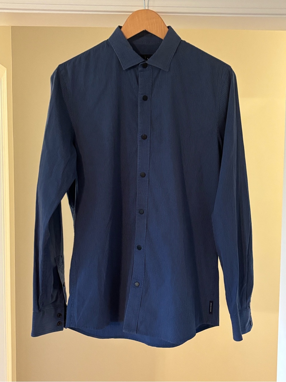 Armani Exchange Men's Dark Blue Pinstripe Dress Shirt Snap-up